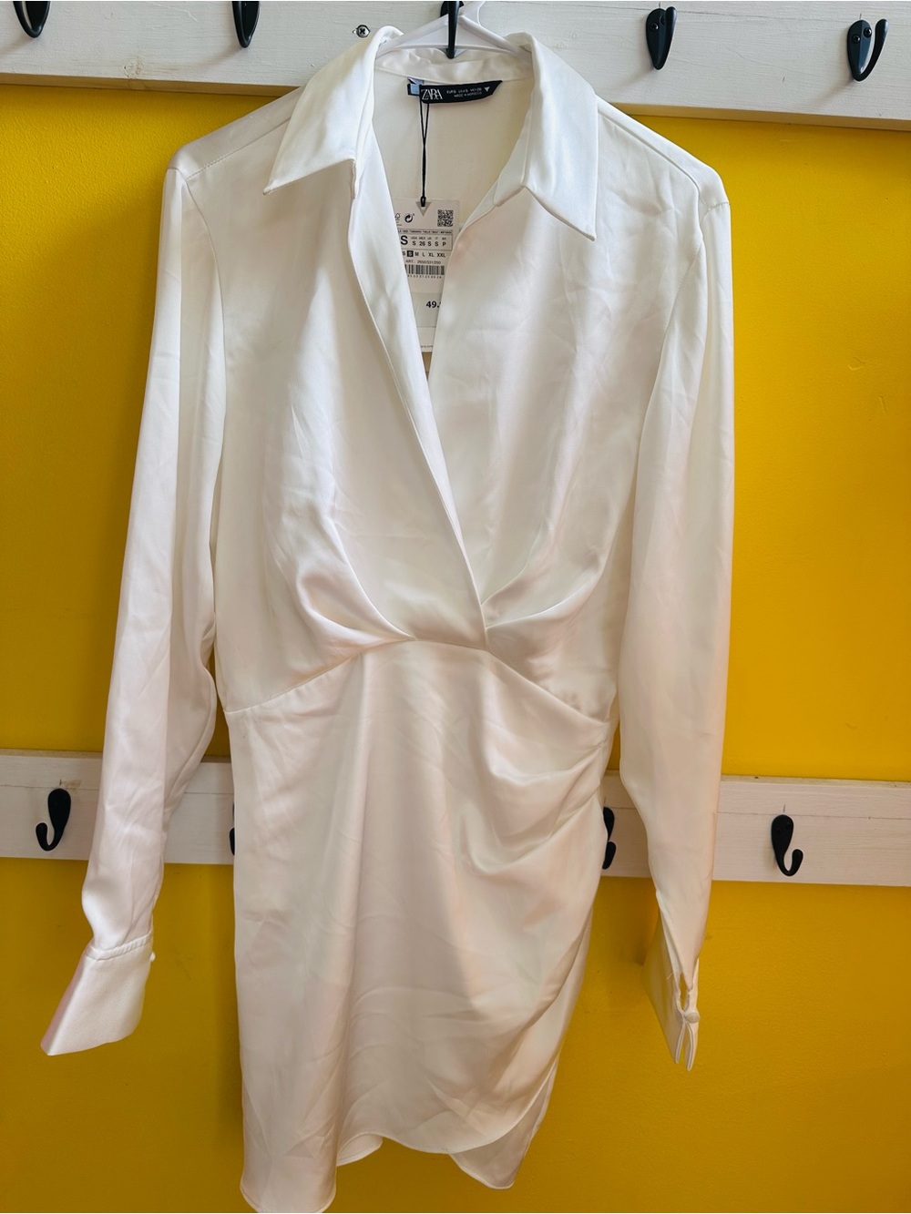 Zara White Satin Twist-Front Long Sleeve Dress